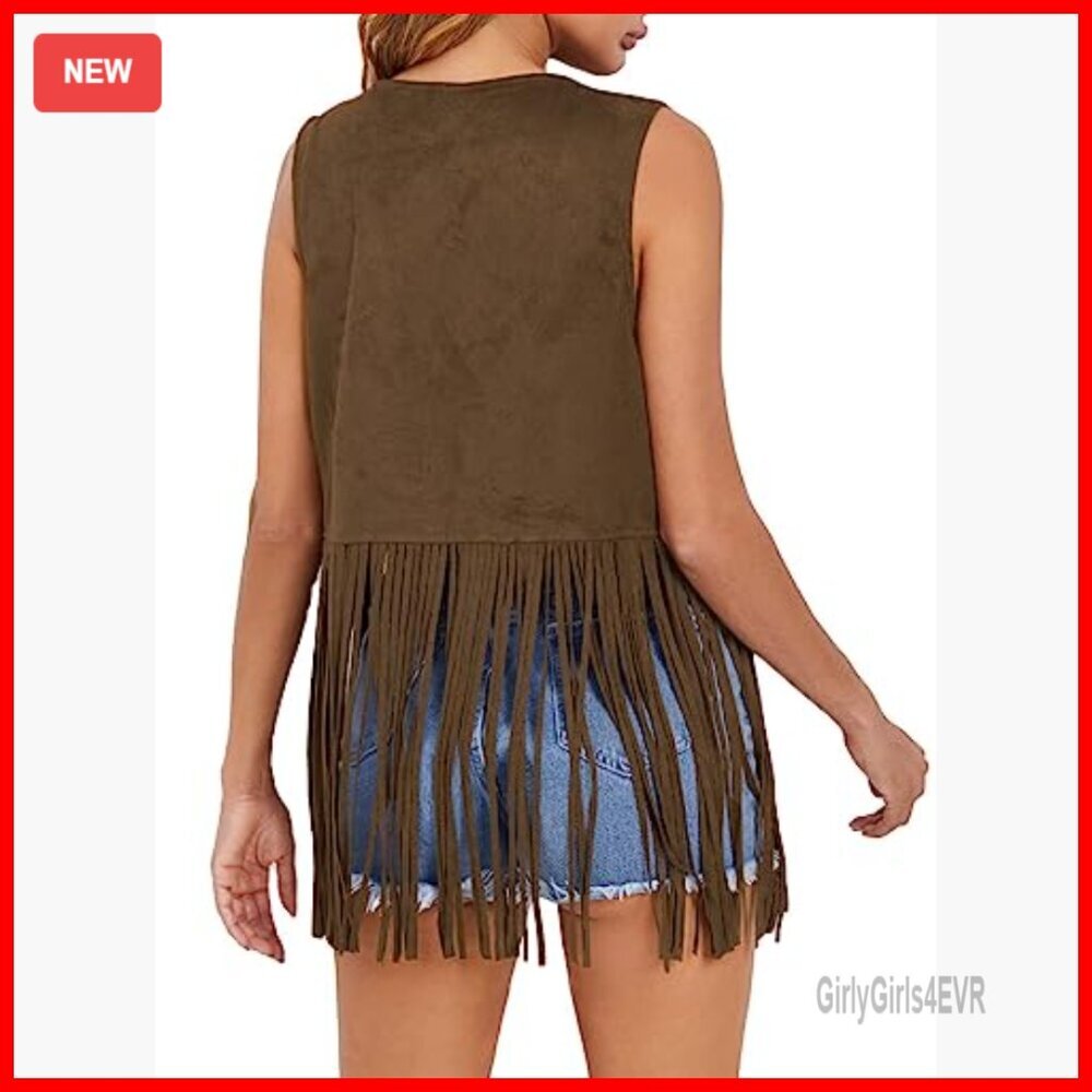 Faux Suede Fringe Vest Sleeveless Crop Western Outerwear Hippie Costume - Picture 2 of 7
